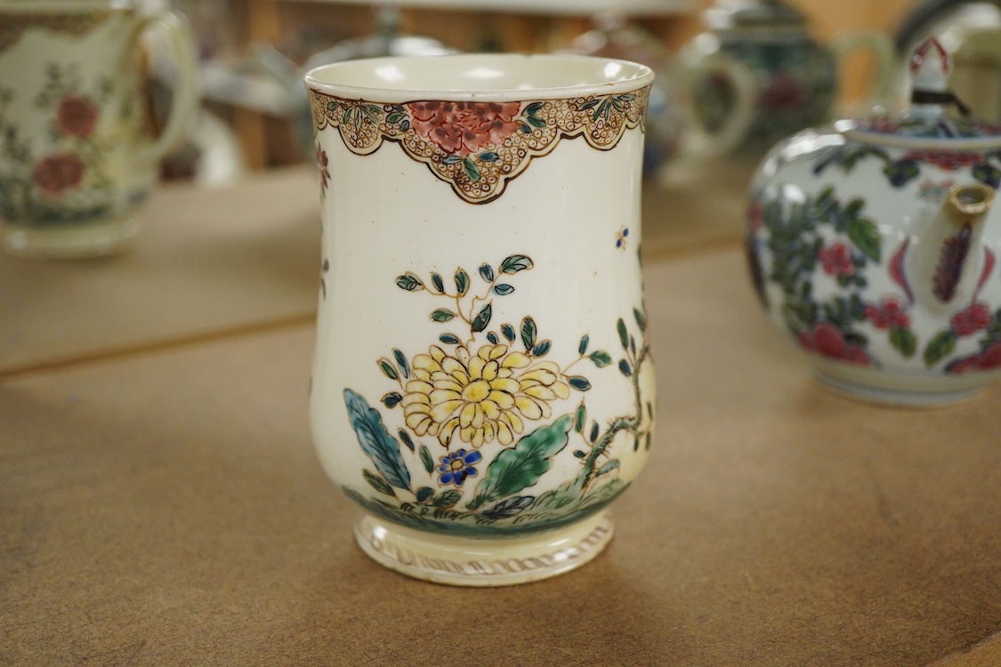 A Bow polychrome mug - 11.5cm high and a Bow prunus sprigged coffee can, c.1760-70